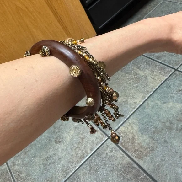Wooden Bracelet with Gold Accents and Chains - Picture 9 of 13